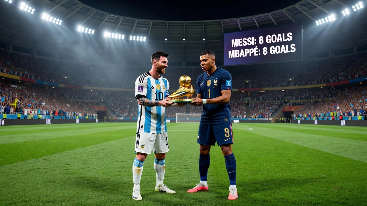 Illustration of Messi and Mbappé tied atop the 2026 World Cup Golden Boot standings with 8 goals each.