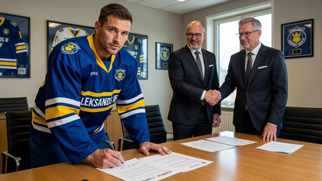 Image of Josh Passolt signing contract with Leksands IF hockey team