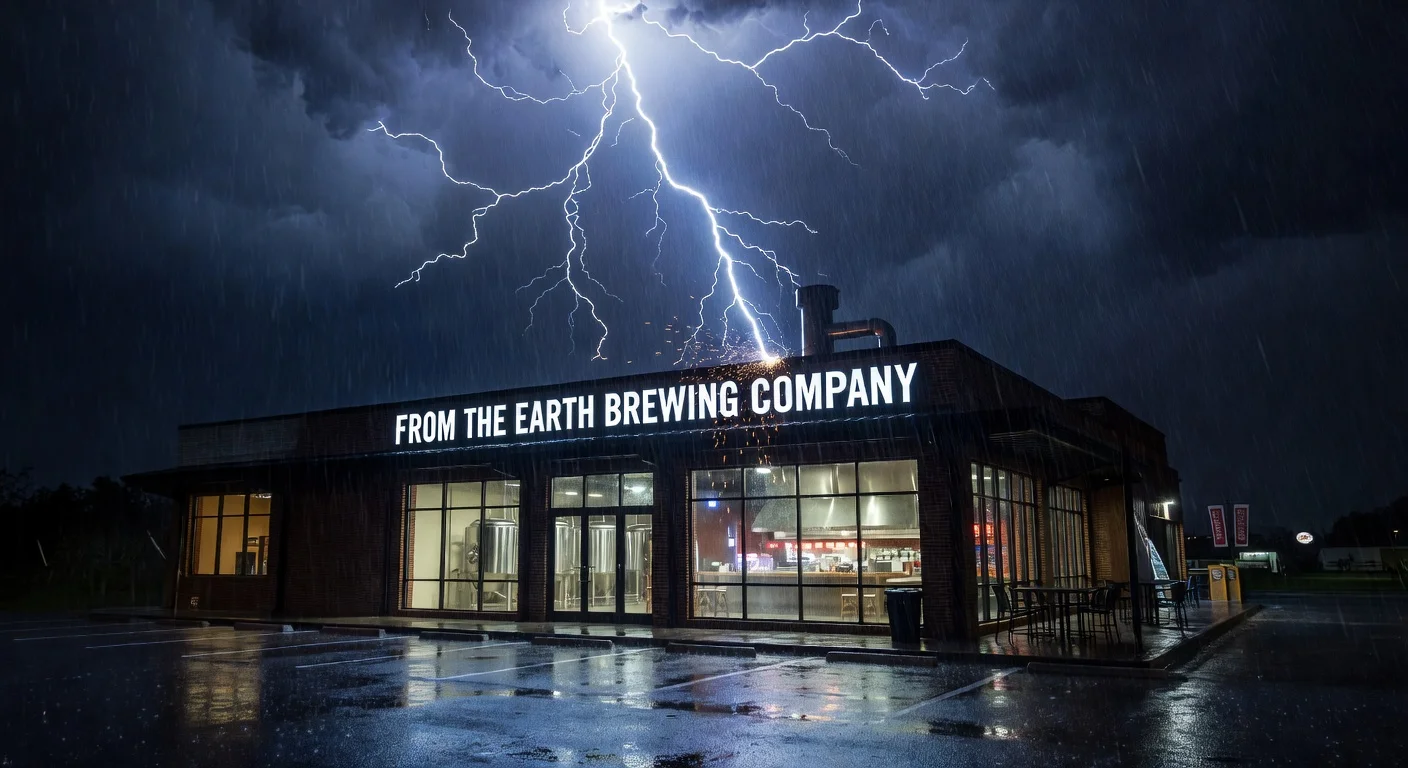 Dramatic image of lightning hitting From the Earth Brewing Company in Roswell, Georgia, causing power issues before Georgia Beer Day.