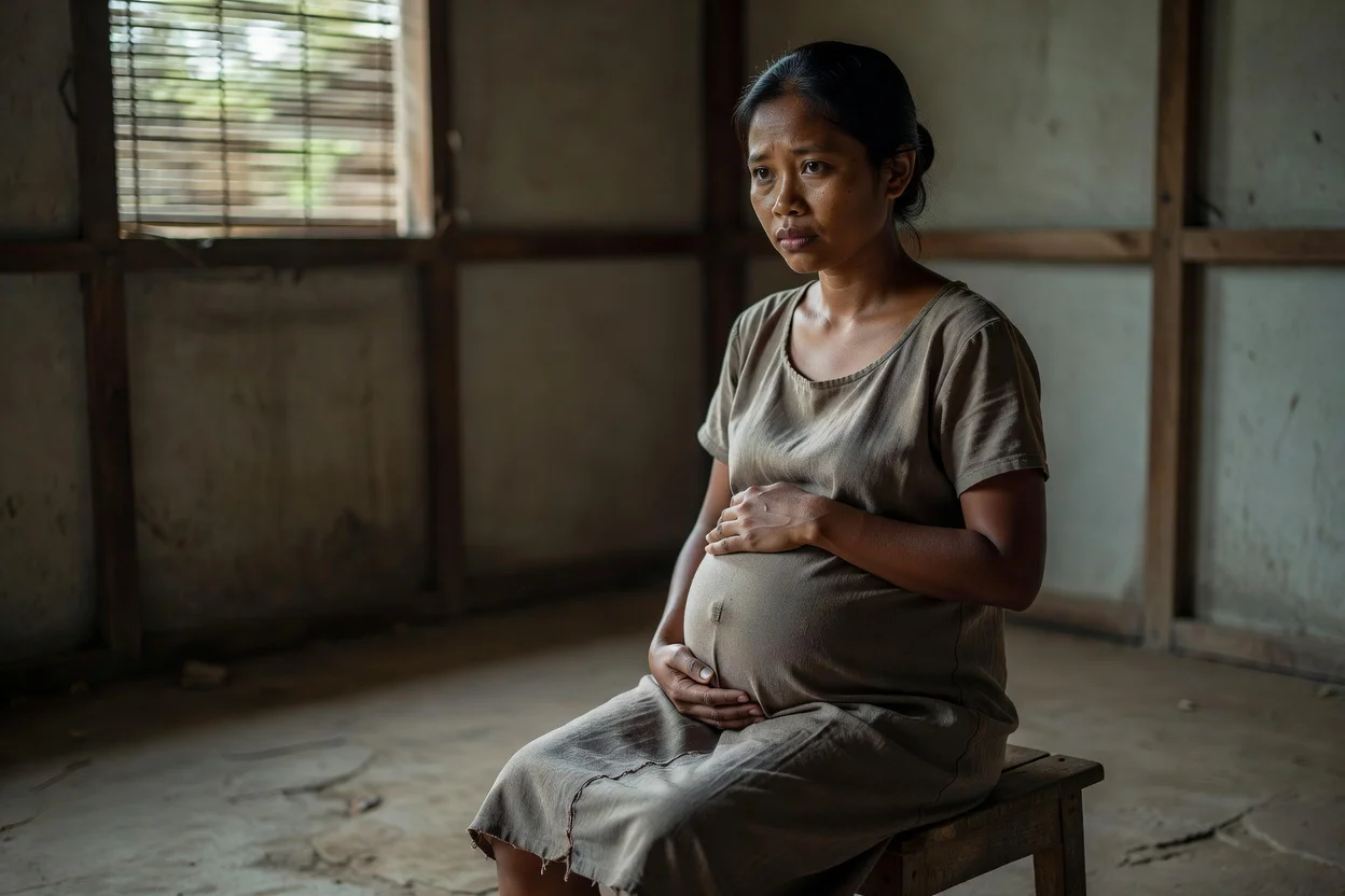 A photorealistic illustration of a pregnant woman looking abandoned in her home, representing Fangfang's story.