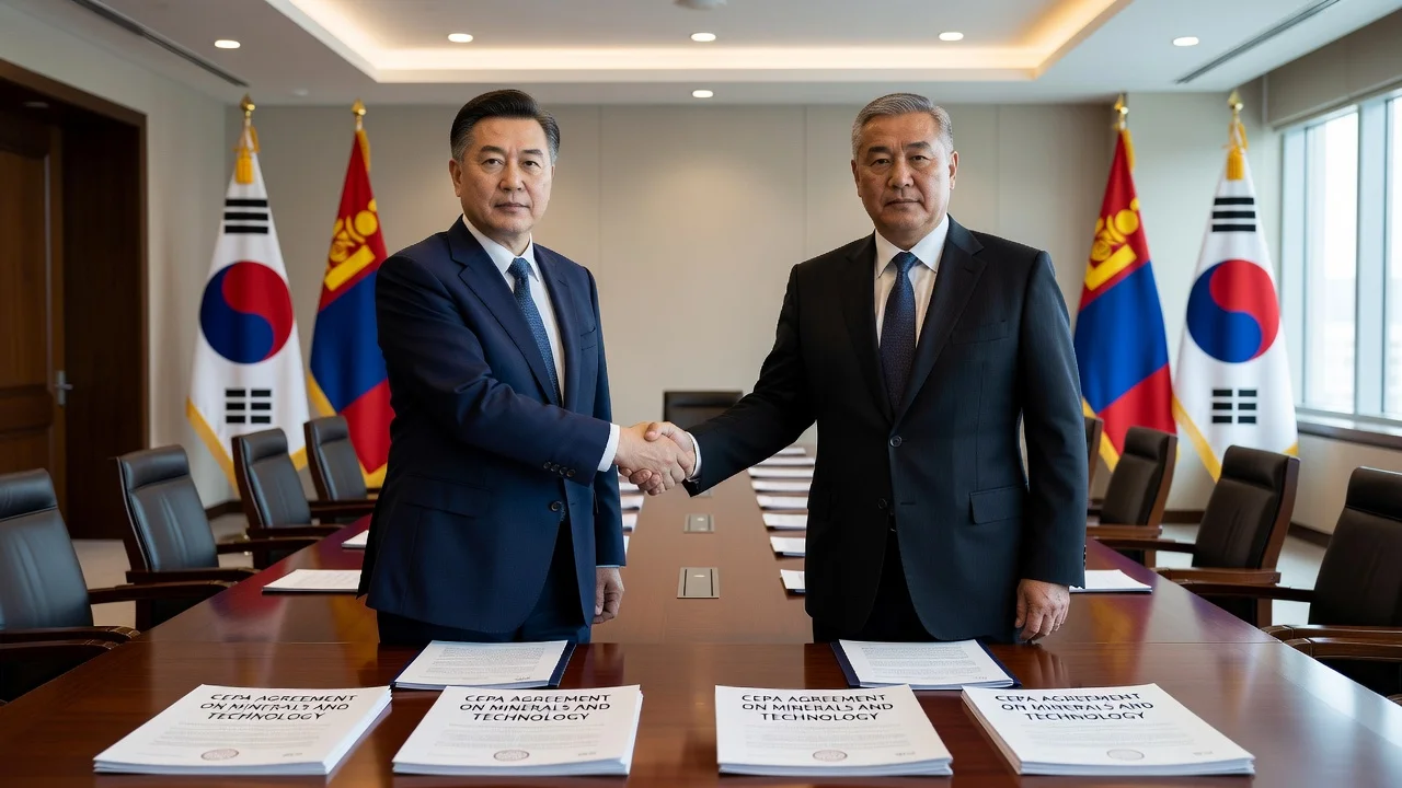 South Korean and Mongolian presidents shaking hands at a summit, symbolizing their CEPA agreement.