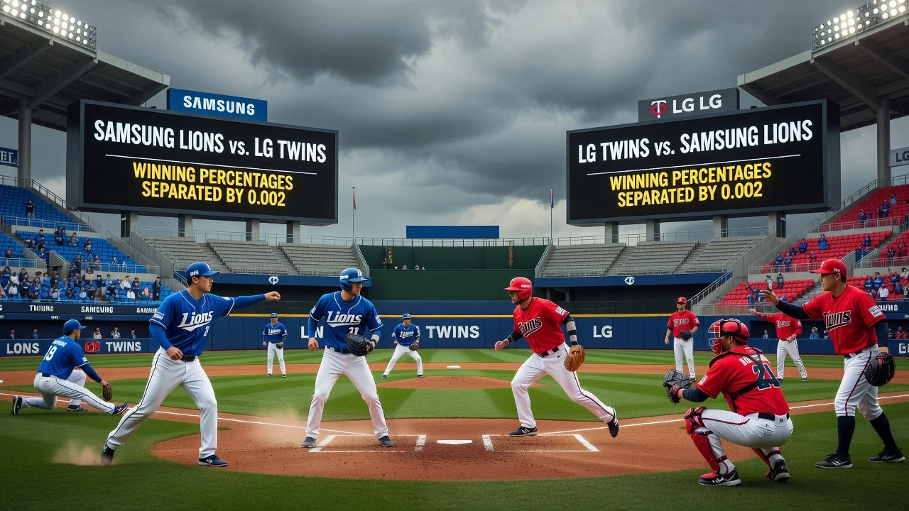Vivid realistic image depicting the tight race between Samsung Lions and LG Twins in the 2026 KBO season All-Star break.