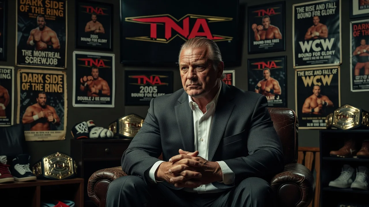 Jeff Jarrett reflecting on his TNA wrestling career in an interview setting for a news article about Dark Side of the Ring episodes.
