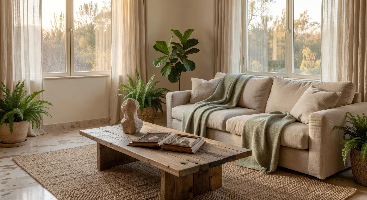 Illustration of a sustainable luxury living room in 2026 with minimalist heirloom furniture, natural materials, and cozy ambiance.