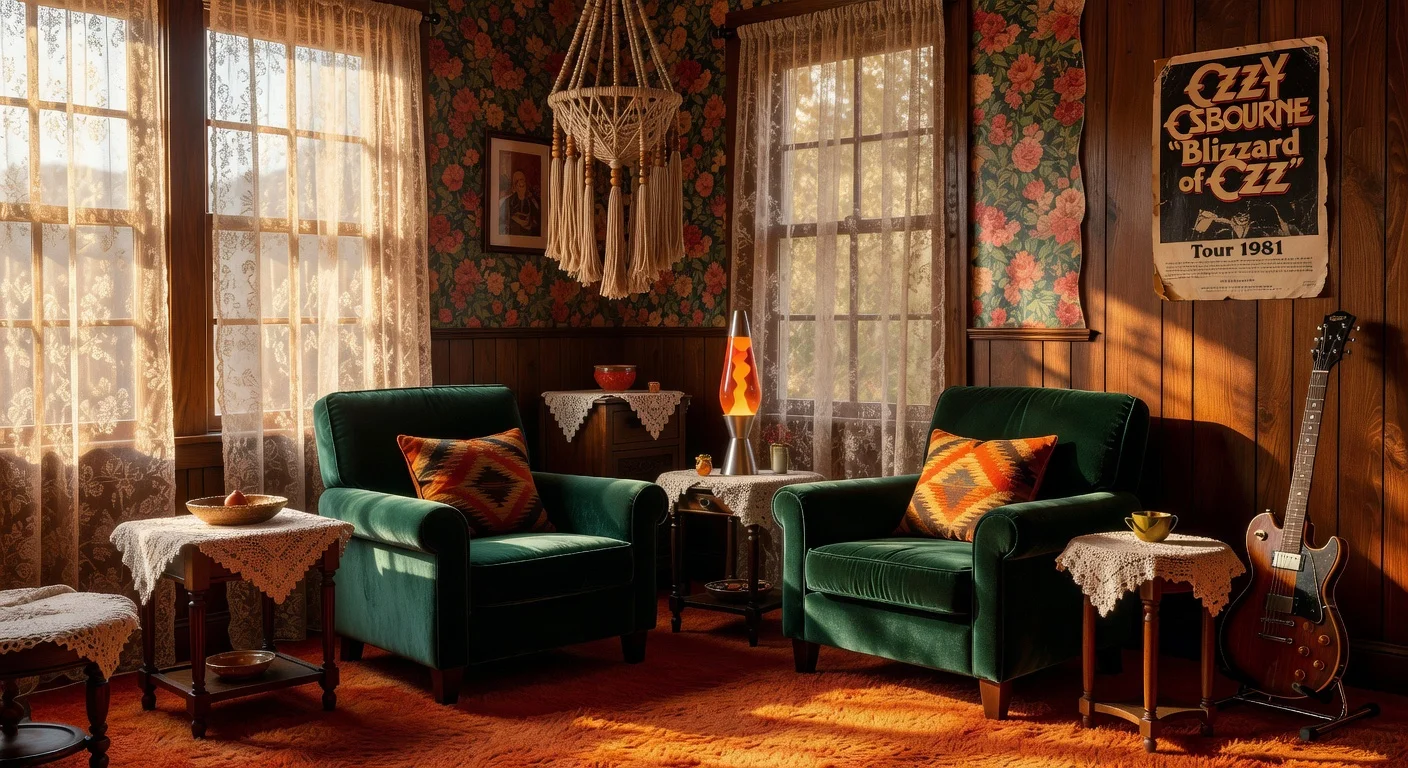 Photorealistic illustration of a cozy living room blending 'grandma chic' and 1970s retro decor trends for 2026, inspired by celebrity homes.