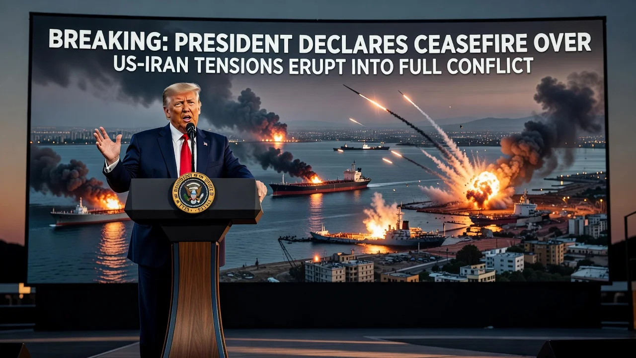 Dramatic illustration of renewed US-Iran conflict with Trump announcing ceasefire end amid strikes in Strait of Hormuz