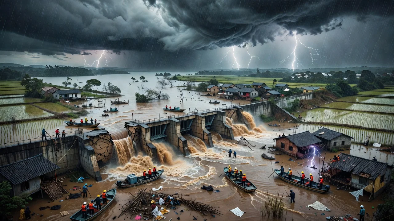 Illustration of flooding from a reservoir breach in Nanning, Guangxi after Typhoon Maysak, showing submerged areas and stormy conditions.