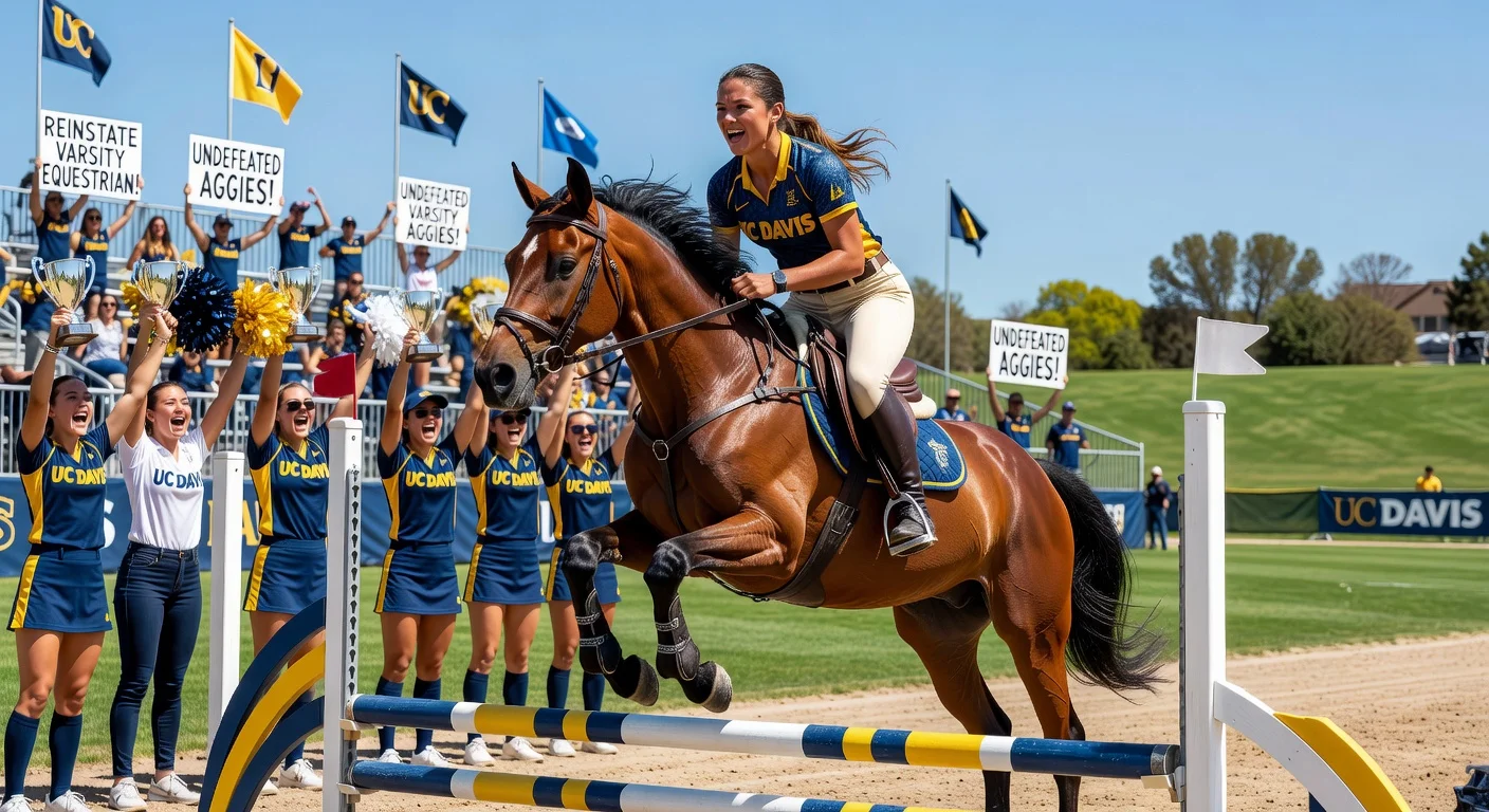 UC Davis equestrian team celebrates undefeated conference win at final meet amid varsity reinstatement push.