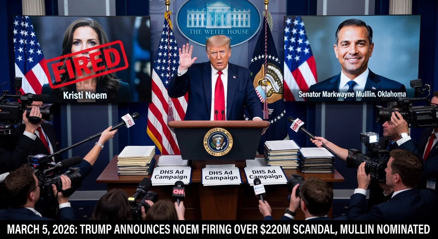 President Trump fires DHS Sec. Kristi Noem over ad scandal, nominates Sen. Markwayne Mullin in White House briefing.