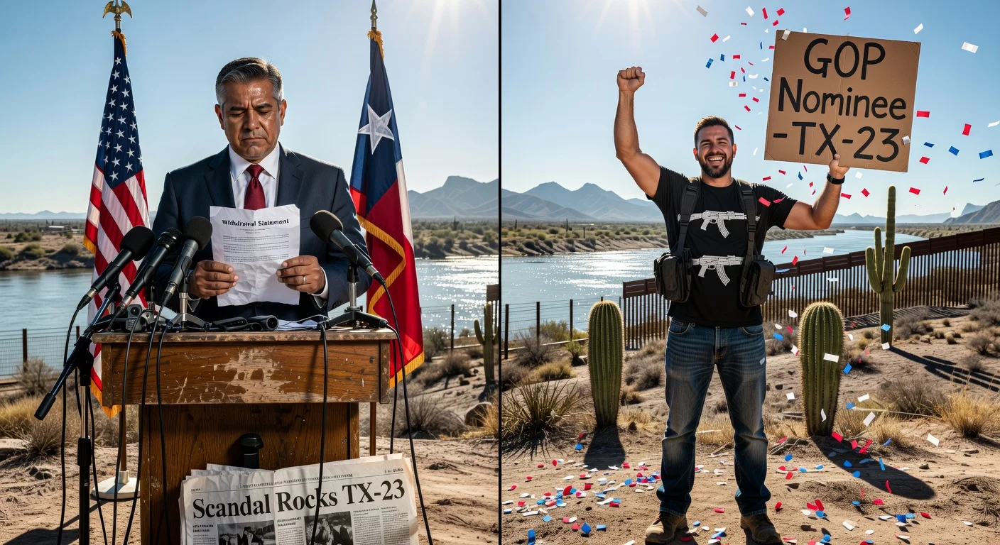 Illustration depicting Rep. Tony Gonzales withdrawing from Texas 23rd District reelection amid scandal, clearing path for Brandon Herrera as GOP nominee.