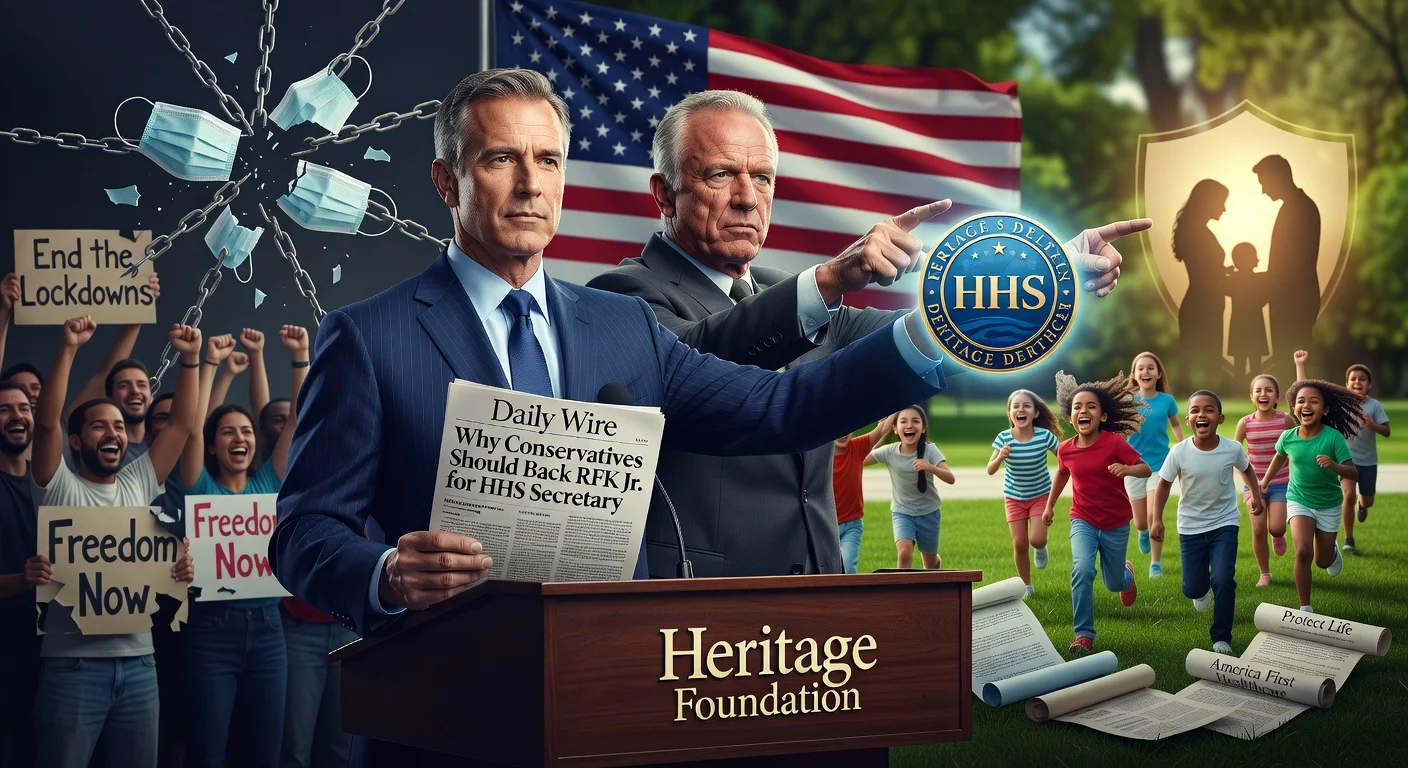 Illustration of Heritage Foundation's Jay Richards endorsing RFK Jr. for HHS secretary in a Daily Wire essay, highlighting anti-COVID restrictions stance and child health focus.
