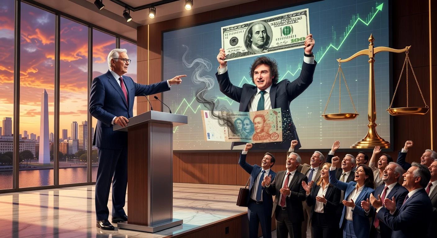 Steve Forbes advocates for Milei's Argentina reforms, illustrated with dollarization symbols, justice scales, and optimistic investors against Buenos Aires skyline.