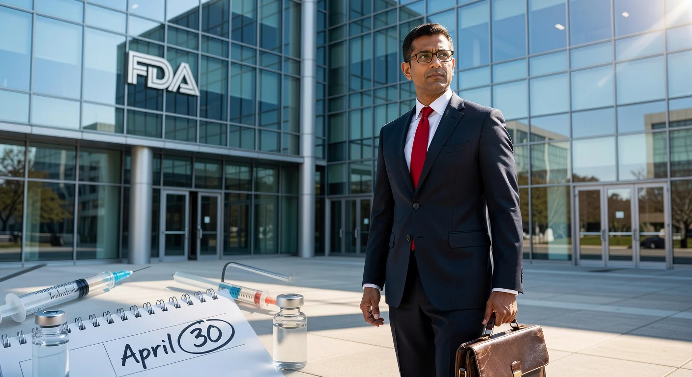 Realistic illustration of FDA biologics chief Dr. Vinay Prasad departing agency headquarters, with calendar and biologics symbols.