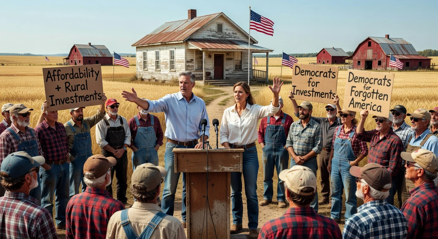 Rural town hall where Democratic candidates urge party investment in long-neglected areas alongside affordability messaging.