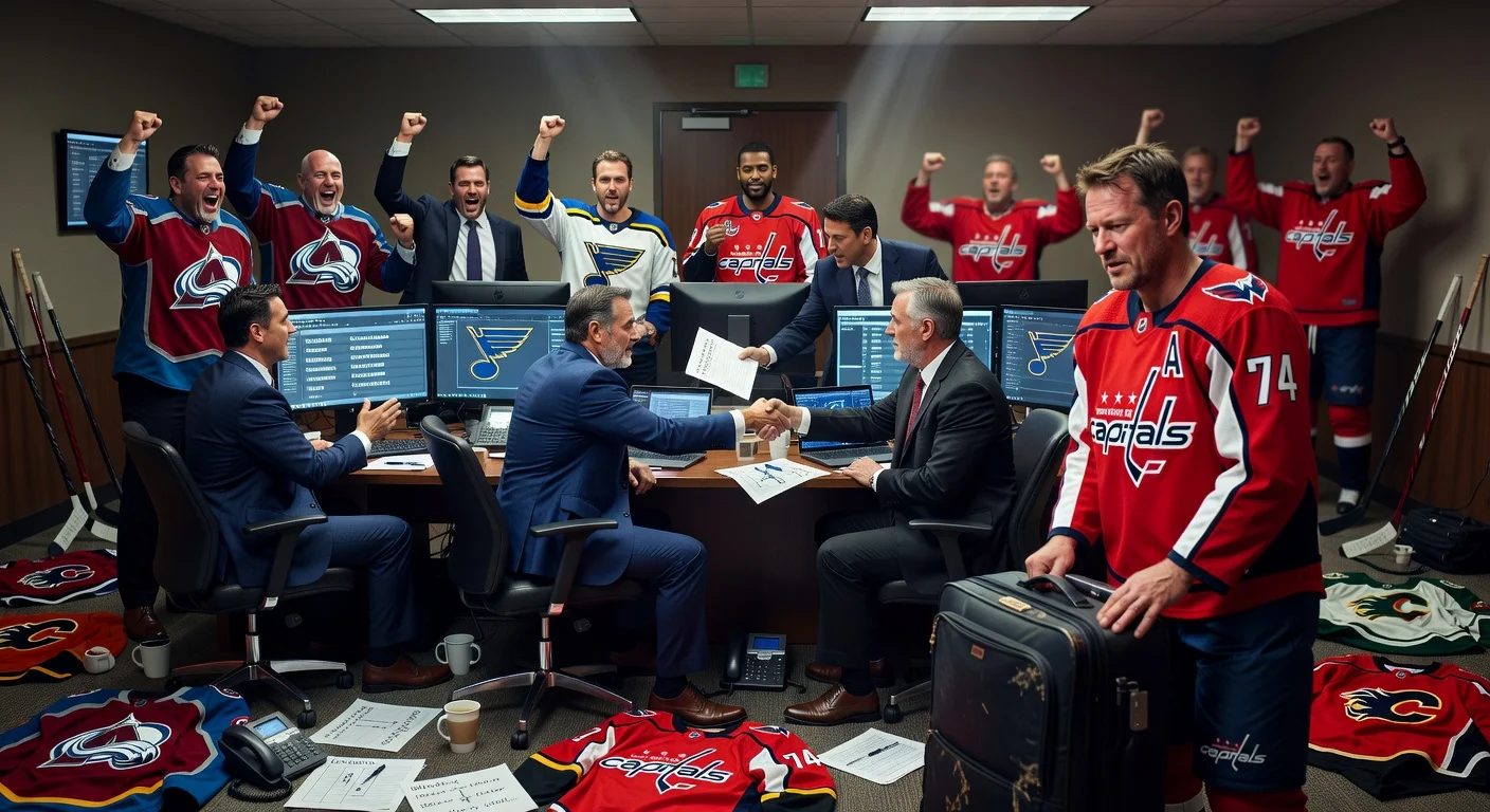 Dramatic illustration of NHL trade deadline frenzy featuring key teams and John Carlson's emotional Capitals departure.