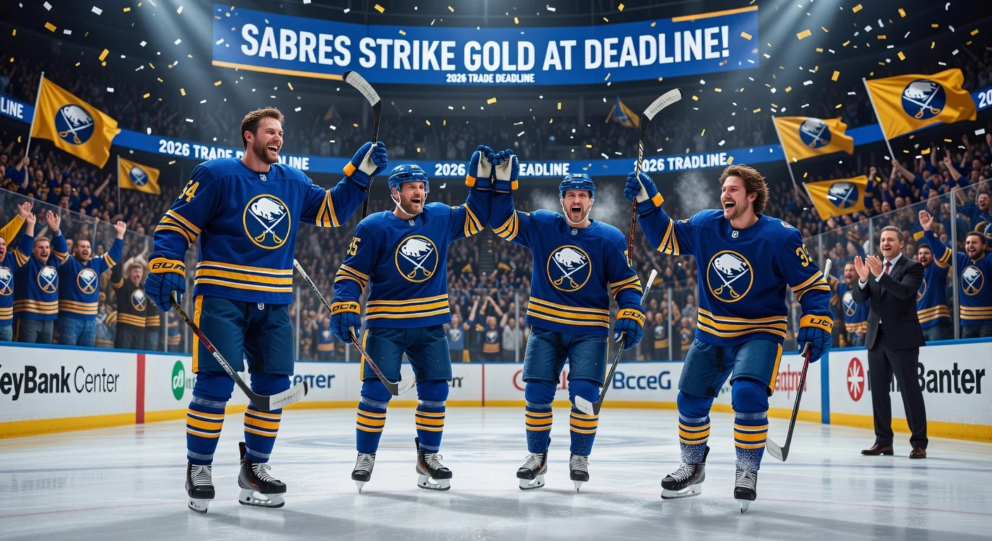 Photorealistic illustration depicting Buffalo Sabres' new players Logan Stanley, Luke Schenn, Sam Carrick, and Tanner Pearson celebrating their 2026 trade deadline acquisitions amid cheering fans.