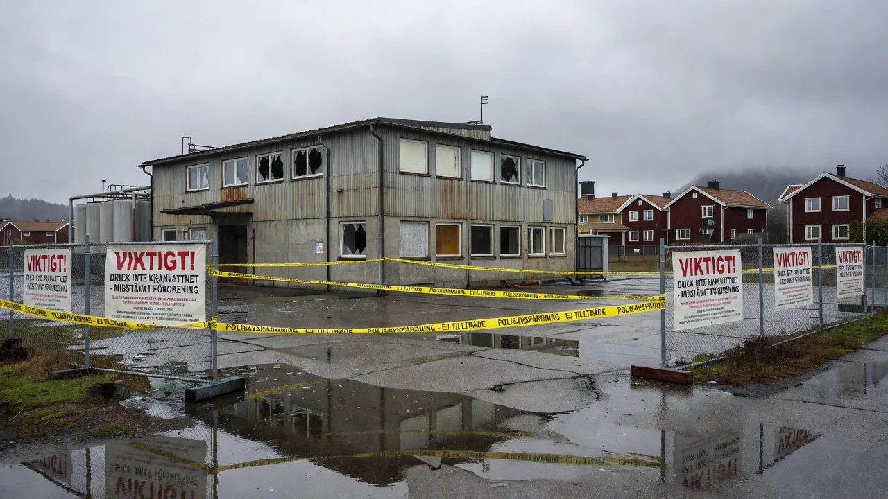 Image showing a water facility with police tape and warning signs about tap water after a break-in in Sweden.
