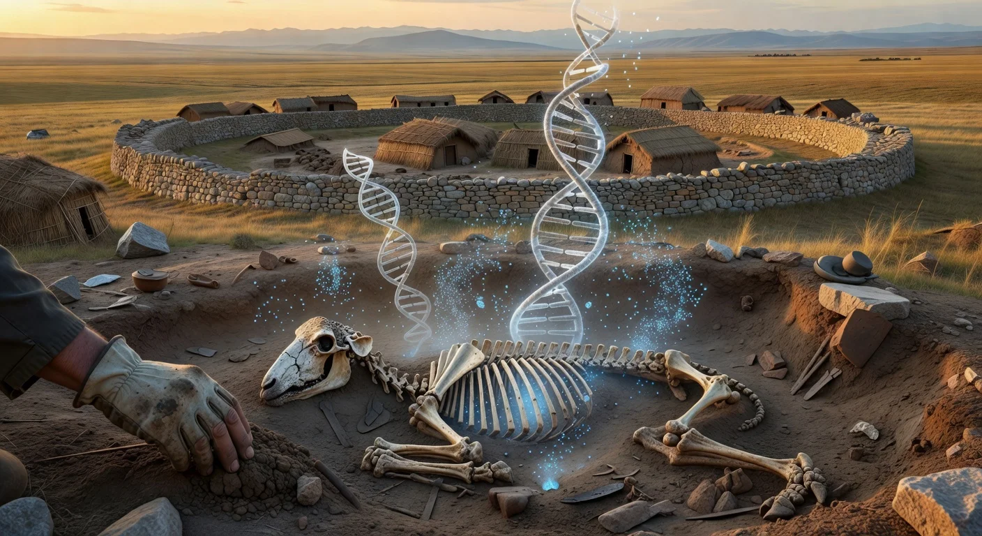 Archaeological dig at Bronze Age Arkaim uncovering sheep skeleton with visualized ancient plague DNA against Eurasian steppe landscape.