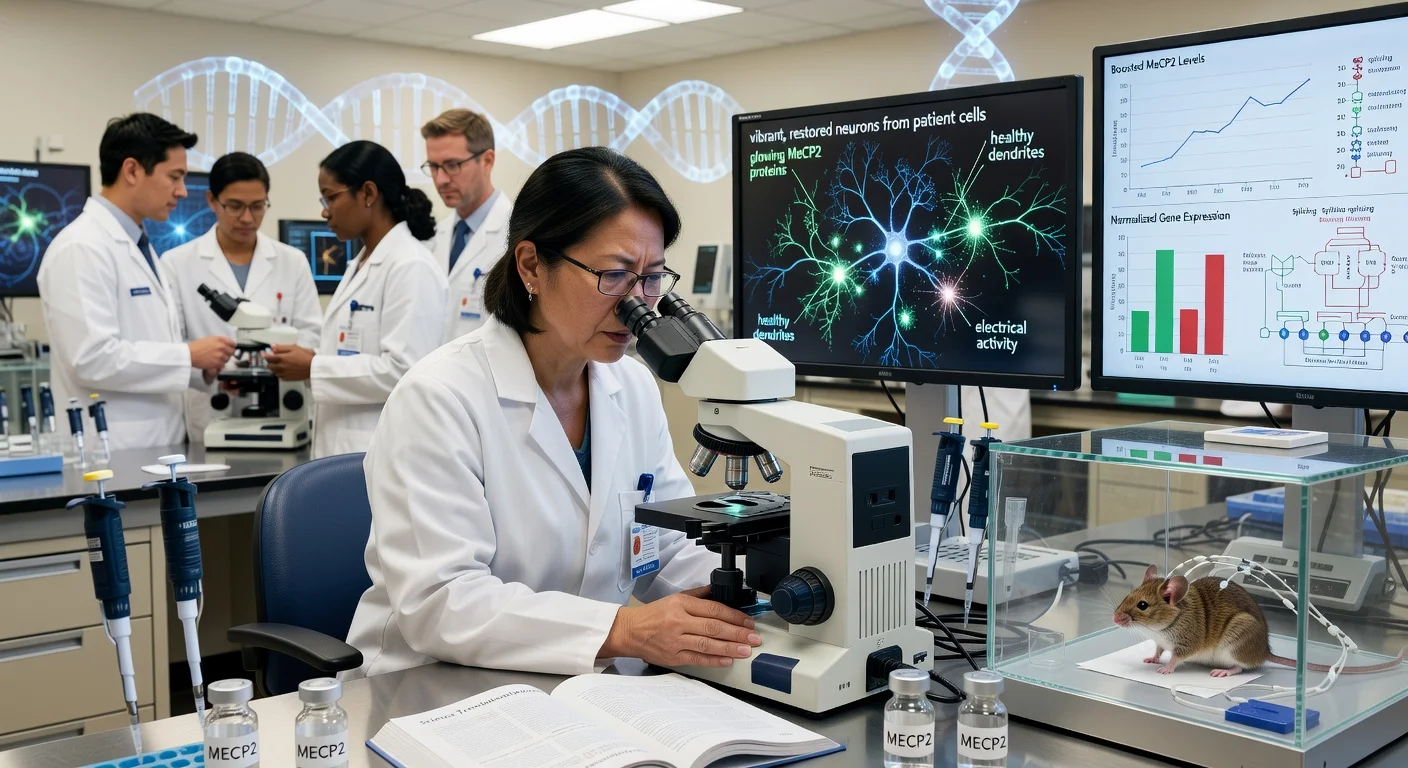 Scientists in a lab boosting MeCP2 protein levels to treat Rett syndrome, showing restored neurons and mouse models.