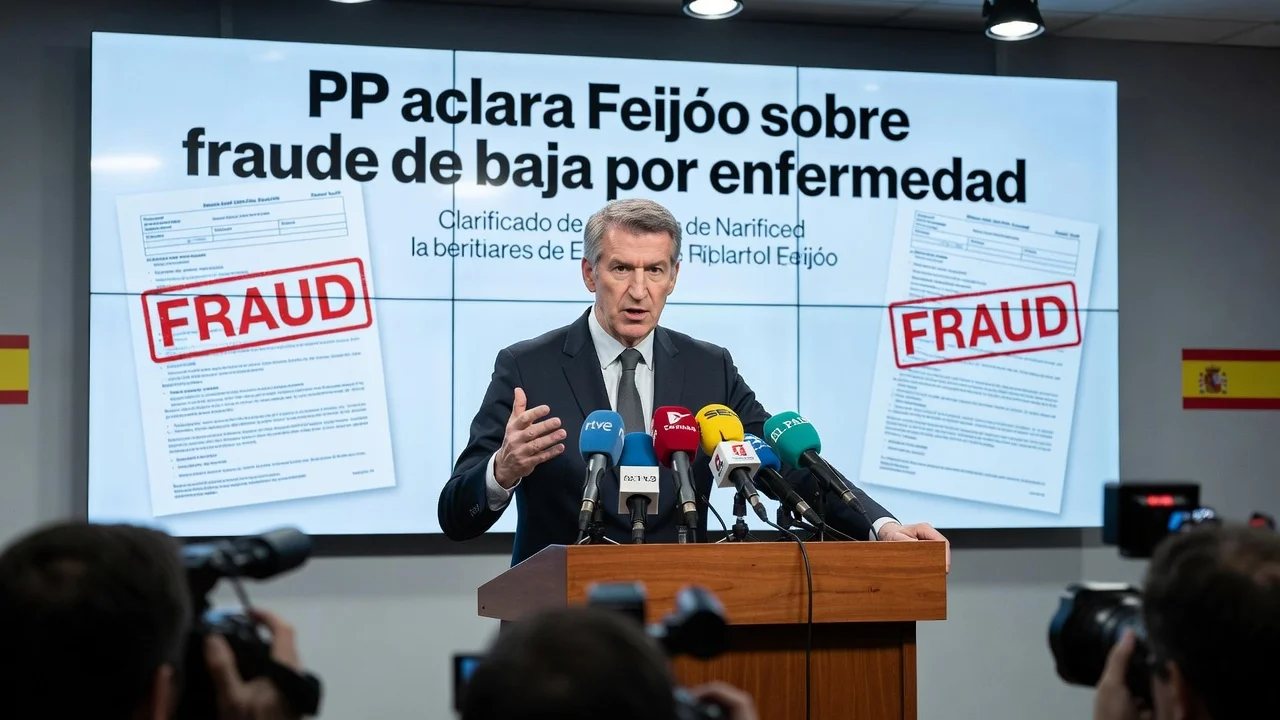 Spanish politician Alberto Núñez Feijóo at a podium clarifying remarks on sick leave and fraud during a press conference
