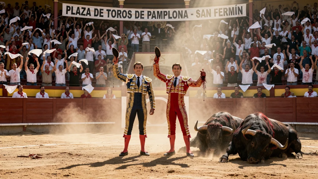 Two matadors triumphantly displaying cut ears after a bullfight with Cebada Gago bulls in Pamplona.
