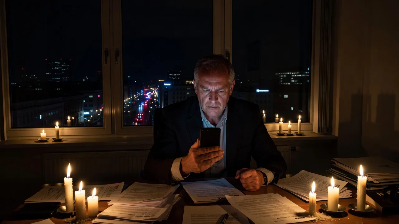 Illustration of Berlin mayor unreachable during blackout, showing dark office and failed phone call.