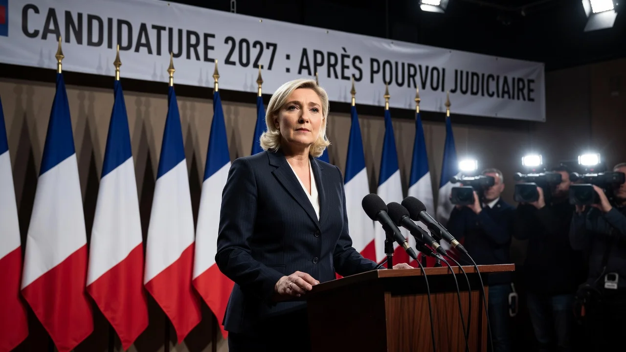 Marine Le Pen announcing her 2027 presidential candidacy at a press conference podium with French flags.