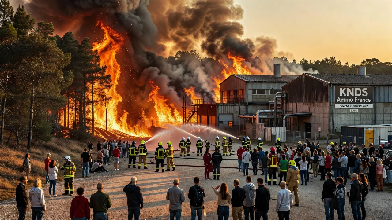 Wildfire approaching an industrial arms factory in France with smoke and emergency responders.