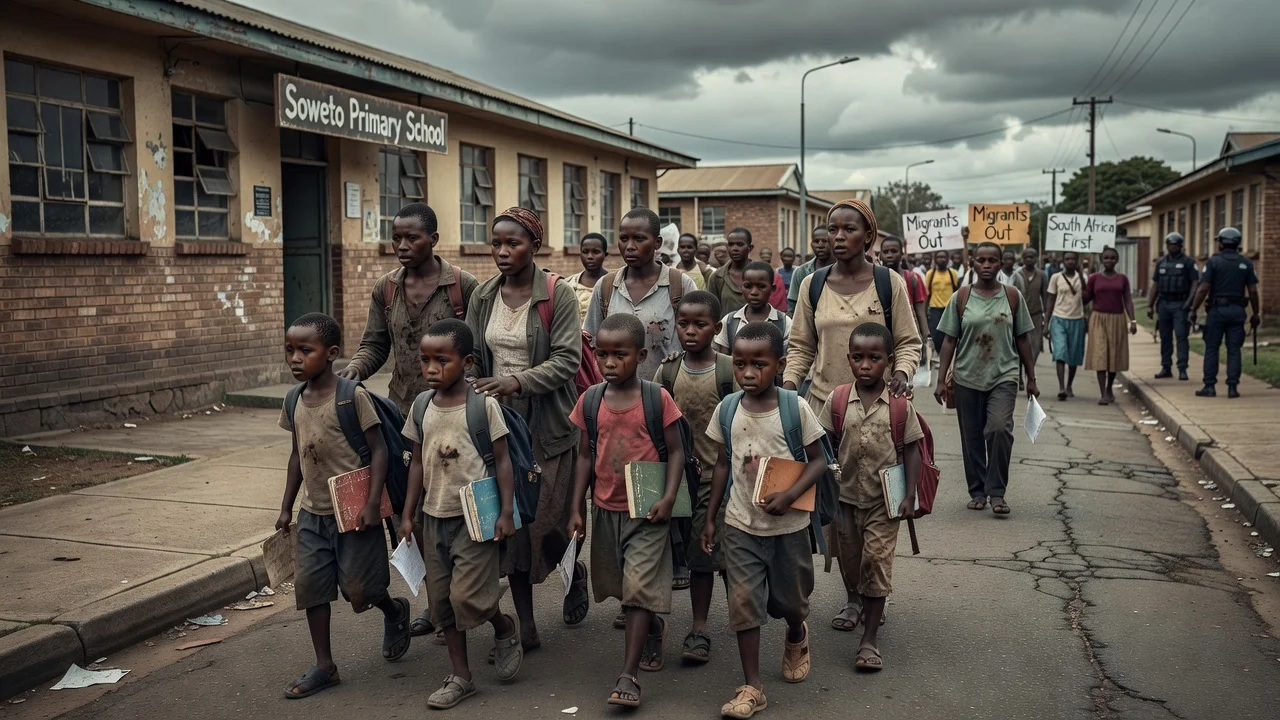 Zimbabwean children and families leaving a South African school amid unrest, illustrating the impact on education.