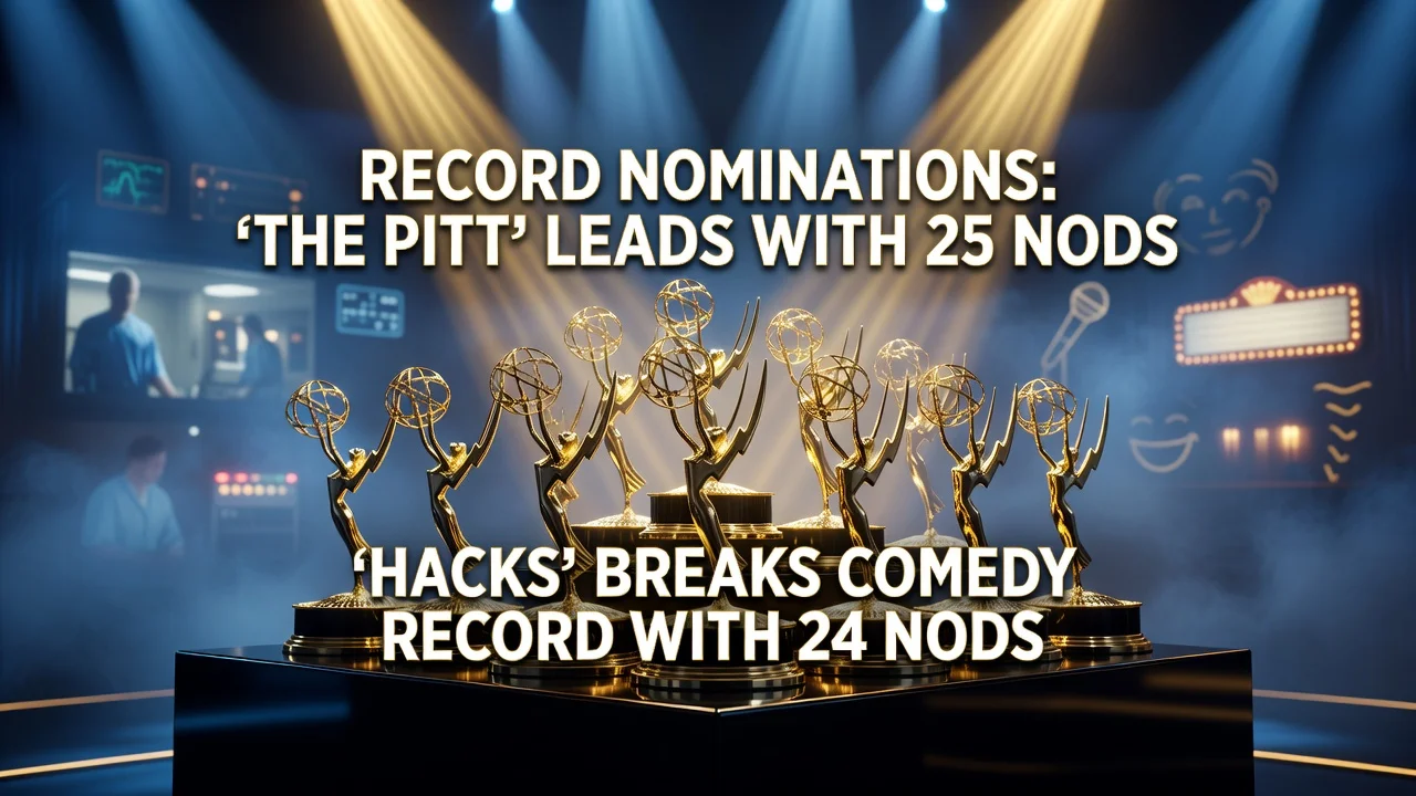Illustration of Emmy statuettes highlighting record nominations for The Pitt and Hacks.