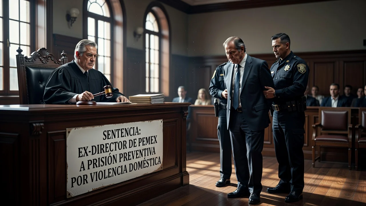 Illustration of a former Pemex executive facing sentencing in court for domestic violence charges.