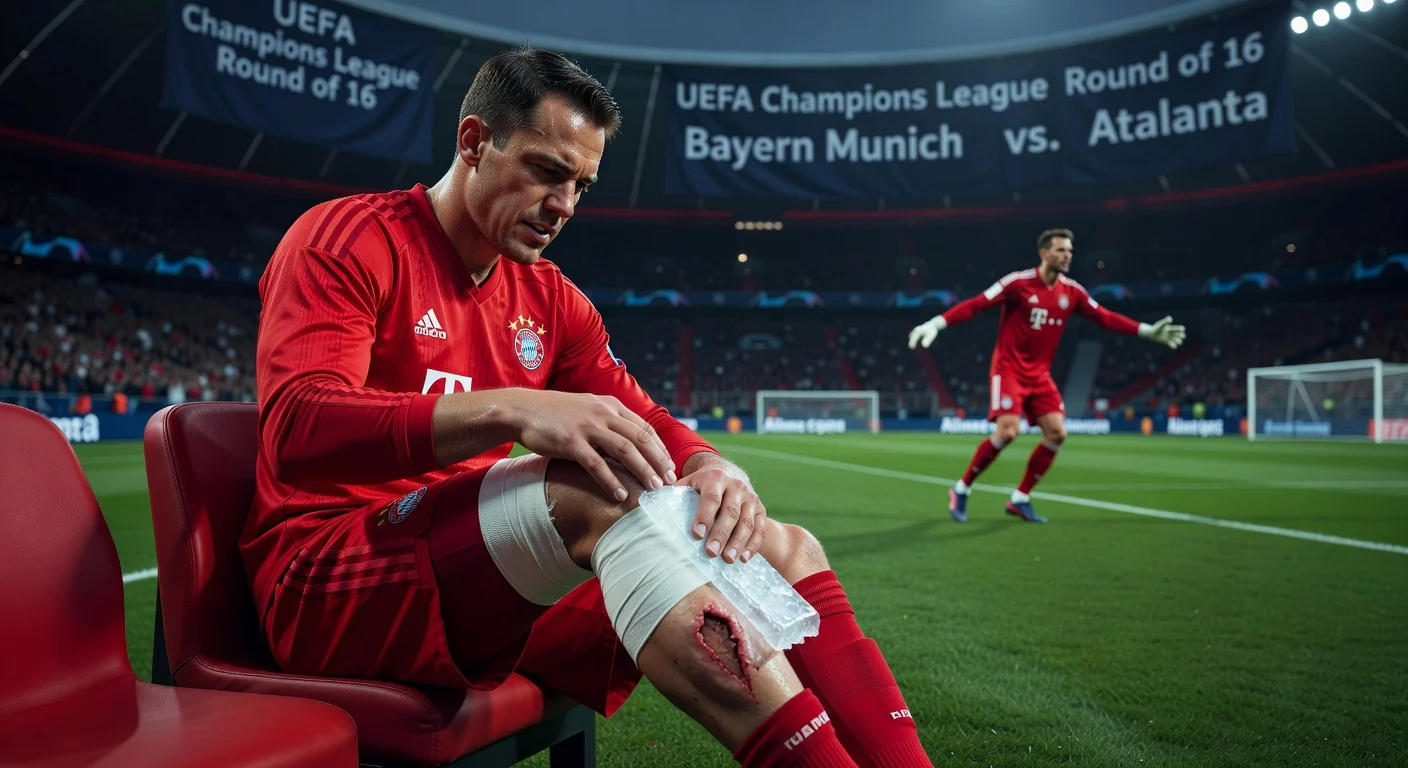 Manuel Neuer grimacing with calf injury on Bayern Munich bench, Champions League backdrop.