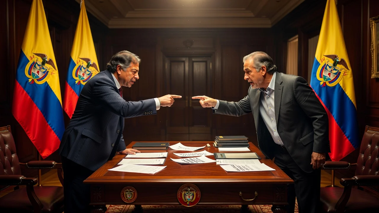 Illustration of President Petro and President-elect De La Espriella in a tense standoff over coup accusations during suspended transition.