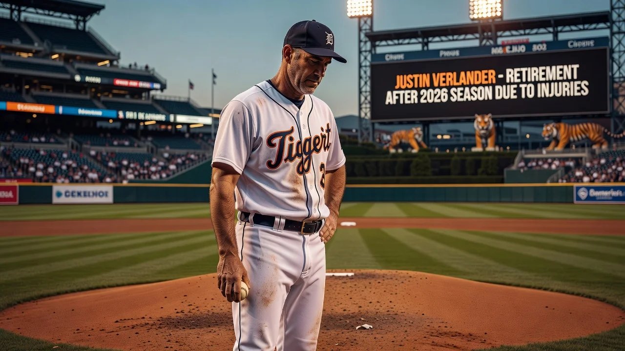 Photorealistic illustration of Justin Verlander on the pitcher's mound reflecting on his career and upcoming retirement.