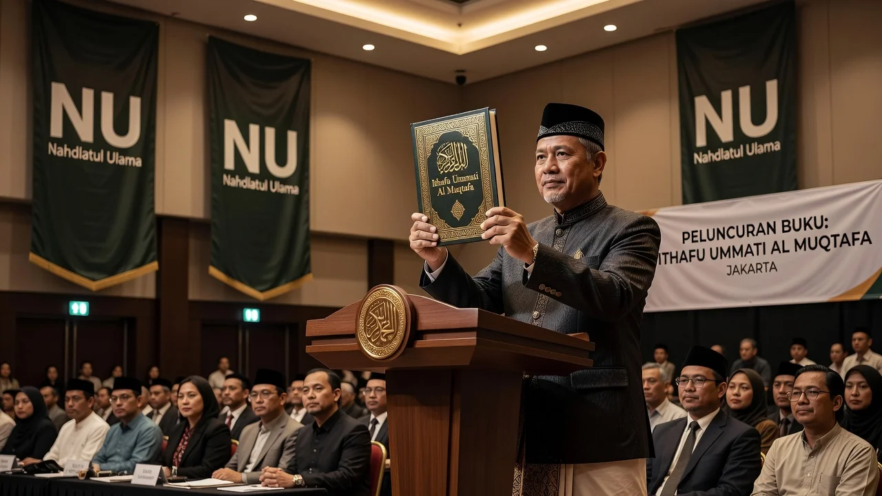 KH Zulfa Mustofa presenting his book at a launch event in Jakarta for NU.