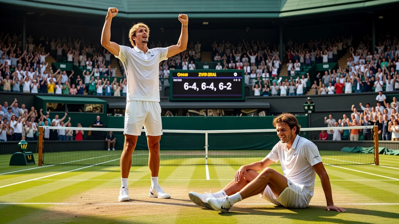 Alexander Zverev celebrates victory as Taylor Fritz receives knee treatment during Wimbledon quarterfinals.