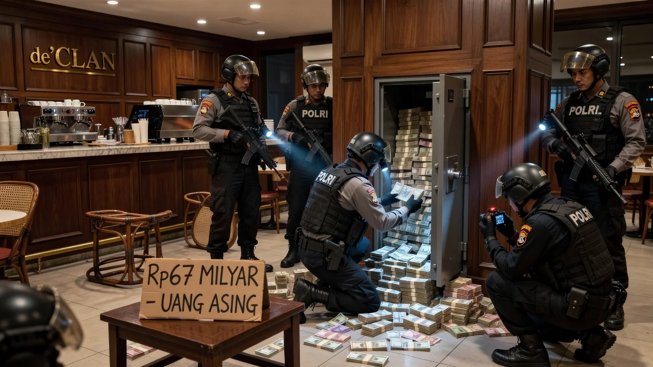 Police officers raiding the de'CLAN cafe and seizing cash from a hidden safe.