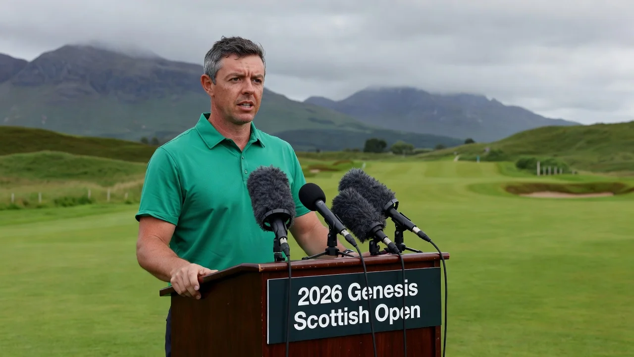 Rory McIlroy addressing the media at the Genesis Scottish Open press conference regarding PGA Tour schedule impacts.