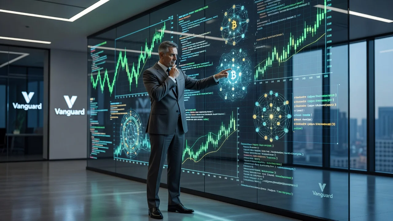 Illustration of a Vanguard executive exploring digital assets and blockchain technology in an office setting.