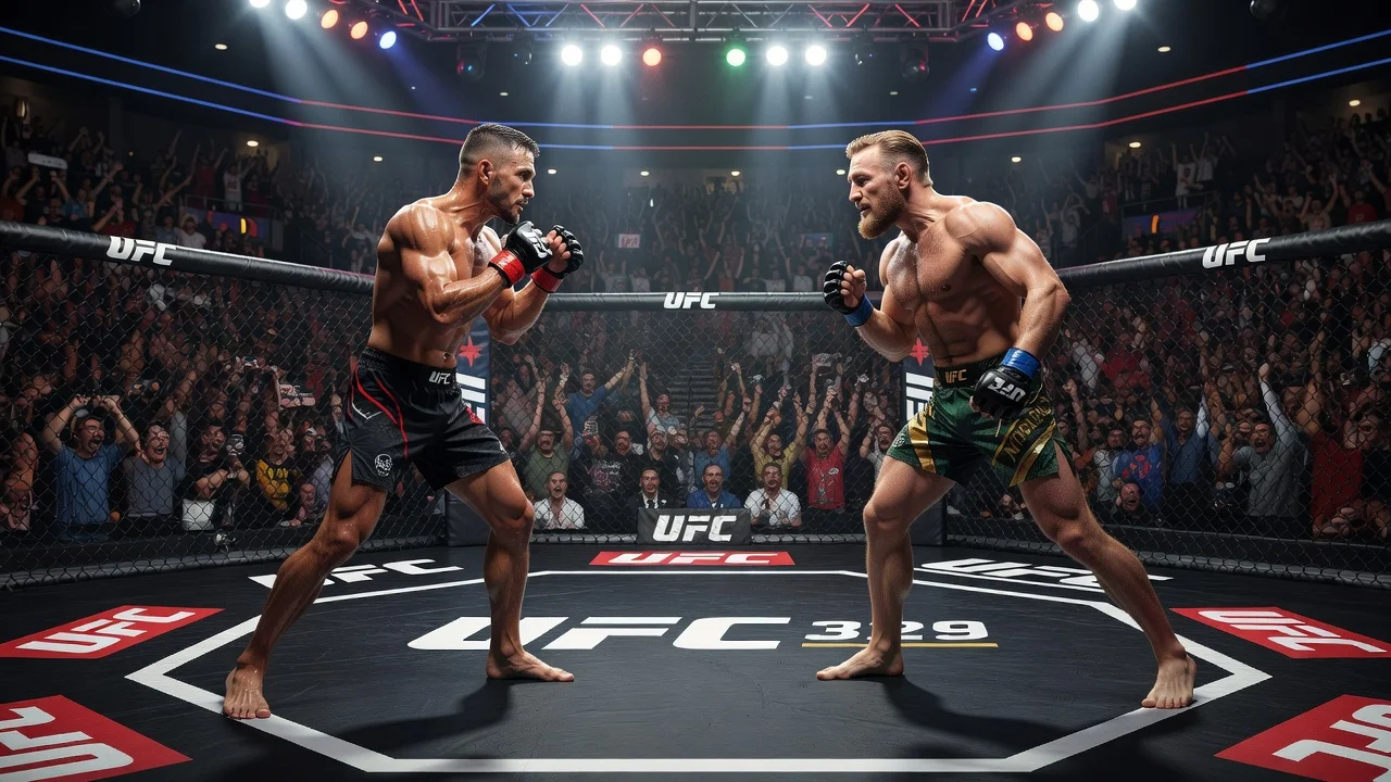 Max Holloway and Conor McGregor facing off intensely in the UFC octagon for their UFC 329 rematch.