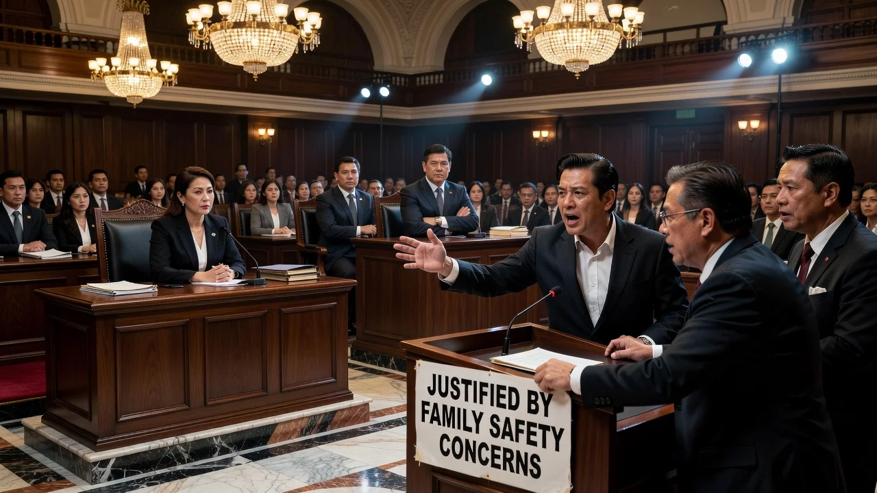 Courtroom scene from Sara Duterte's impeachment trial with lawyers defending threats against President Marcos as justified.