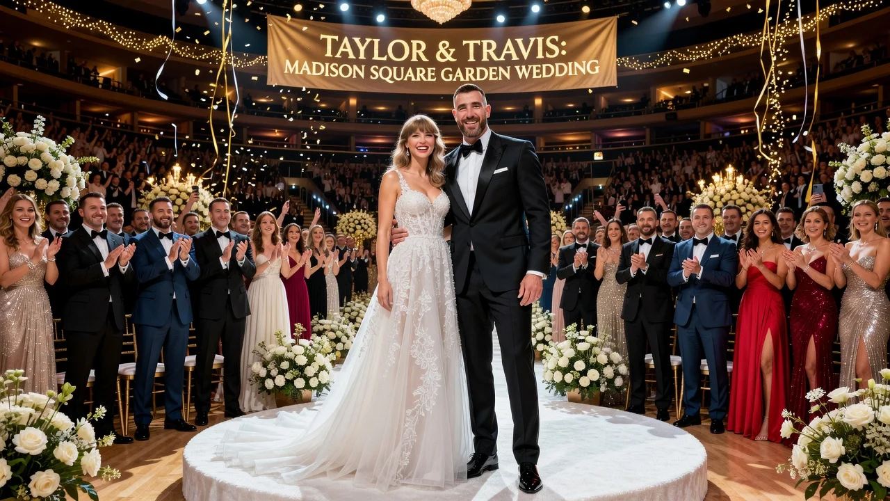 Photorealistic illustration of Taylor Swift and Travis Kelce's wedding at Madison Square Garden featuring the couple and celebrity guests.