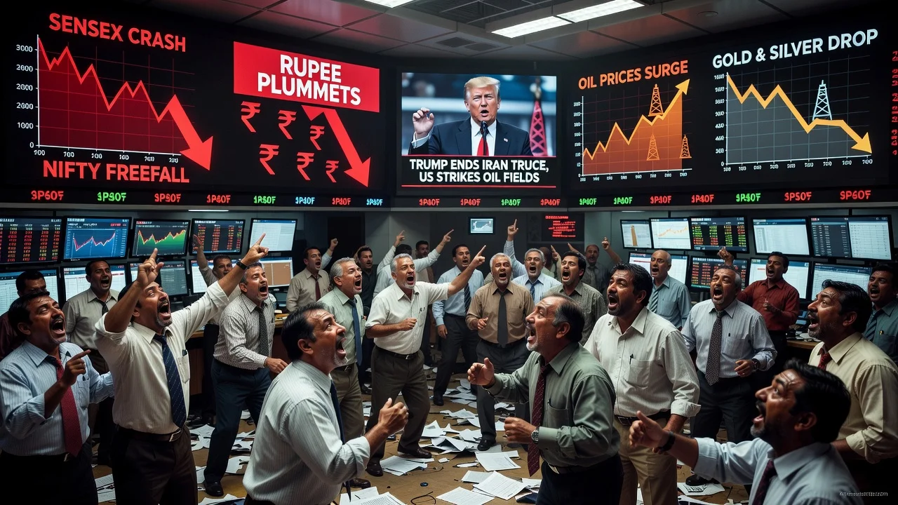 Illustration of Indian markets declining due to geopolitical tensions with Iran, showing traders and falling financial indicators.