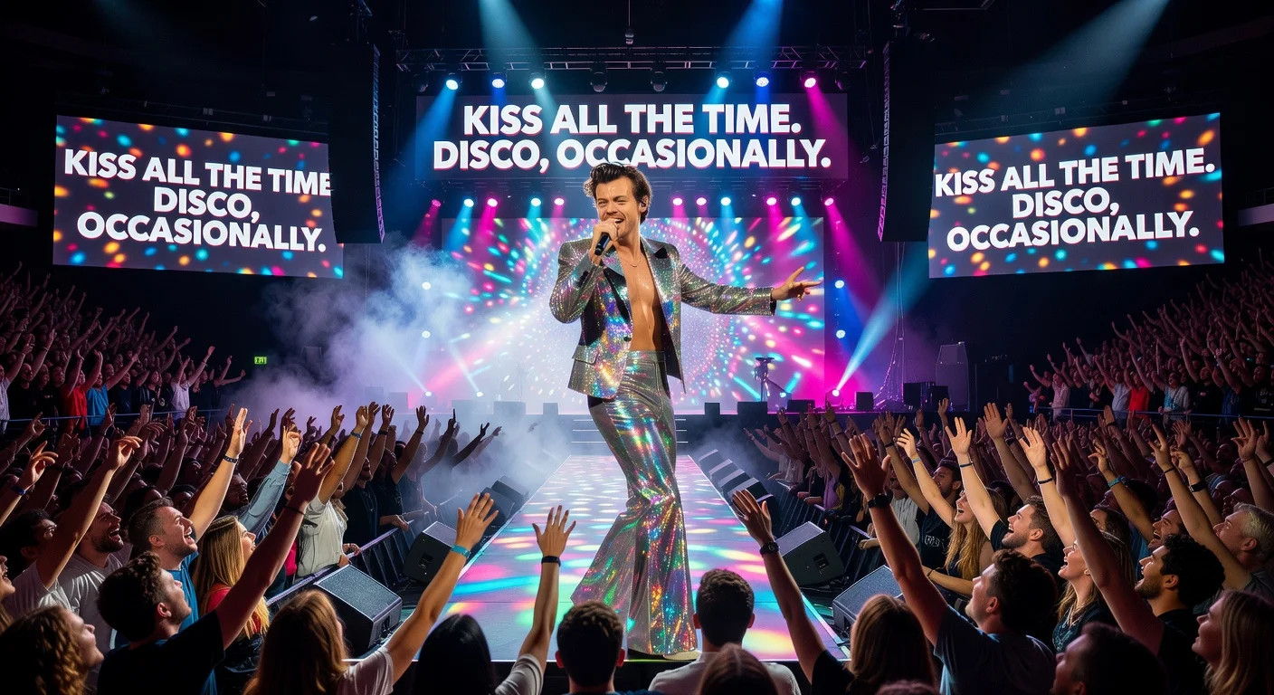 Harry Styles performing live at his album launch concert in Manchester's Co-op Live arena, surrounded by disco lights and a phone-free cheering crowd.