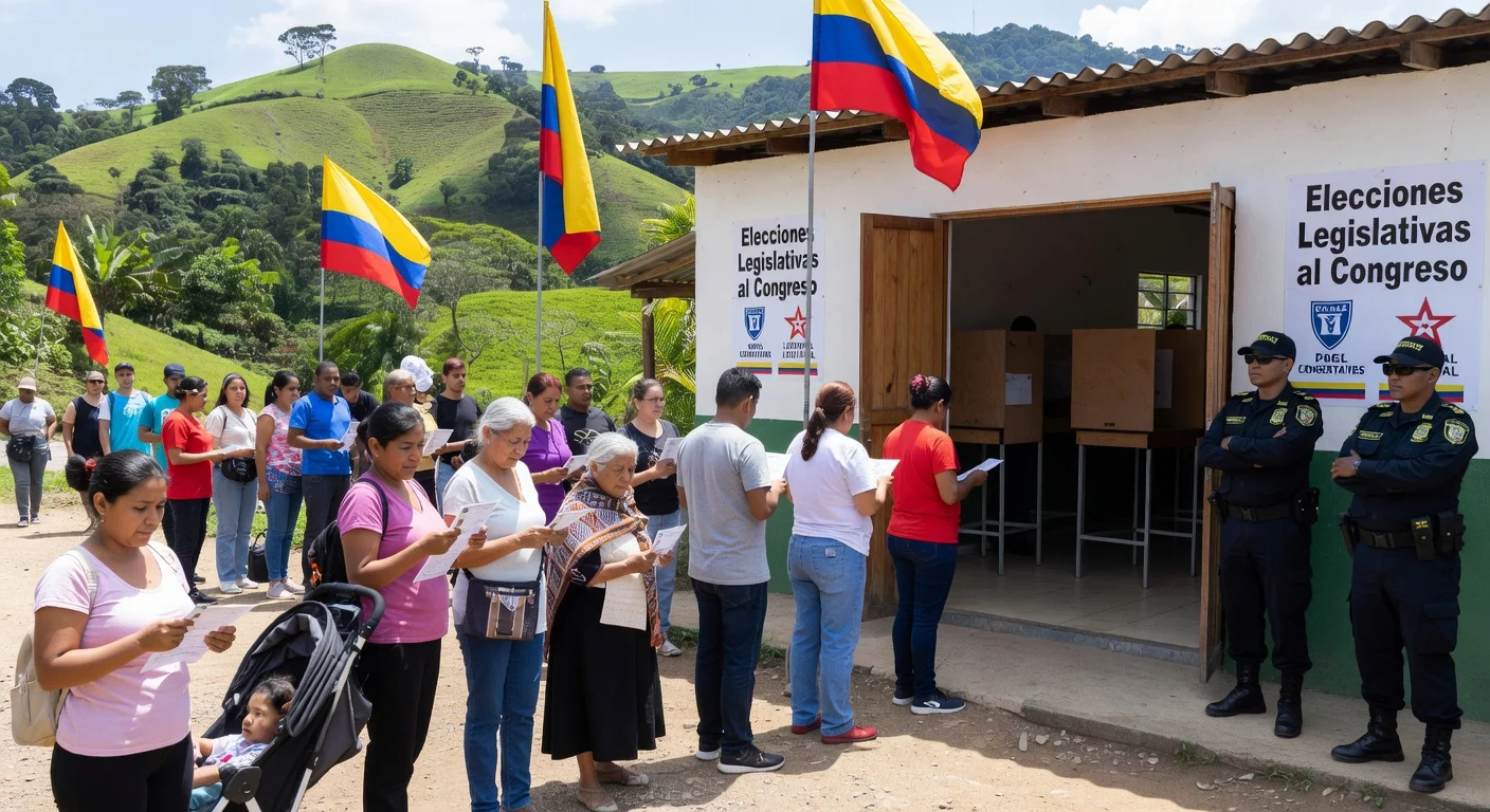 Voters queue at a secure polling station in Colombia for March 8 legislative elections, embodying democratic participation amid heightened security.