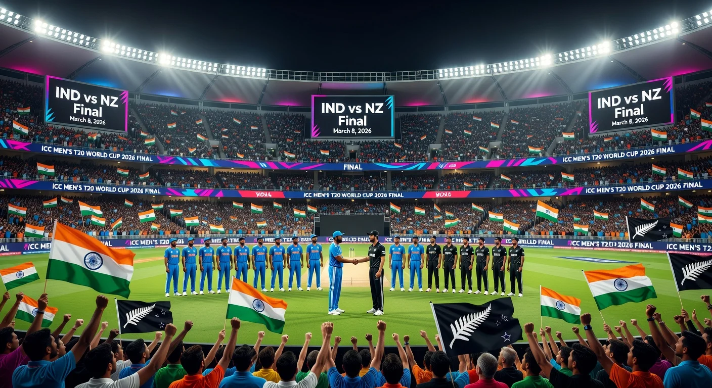 Photorealistic preview of India vs New Zealand T20 World Cup 2026 final at packed Narendra Modi Stadium in Ahmedabad.