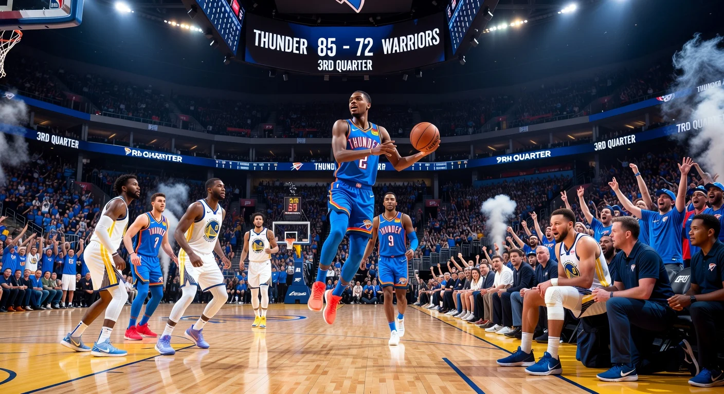 Dynamic NBA illustration of Oklahoma City Thunder hosting injured Golden State Warriors, Stephen Curry sidelined on bench during key Western Conference game.