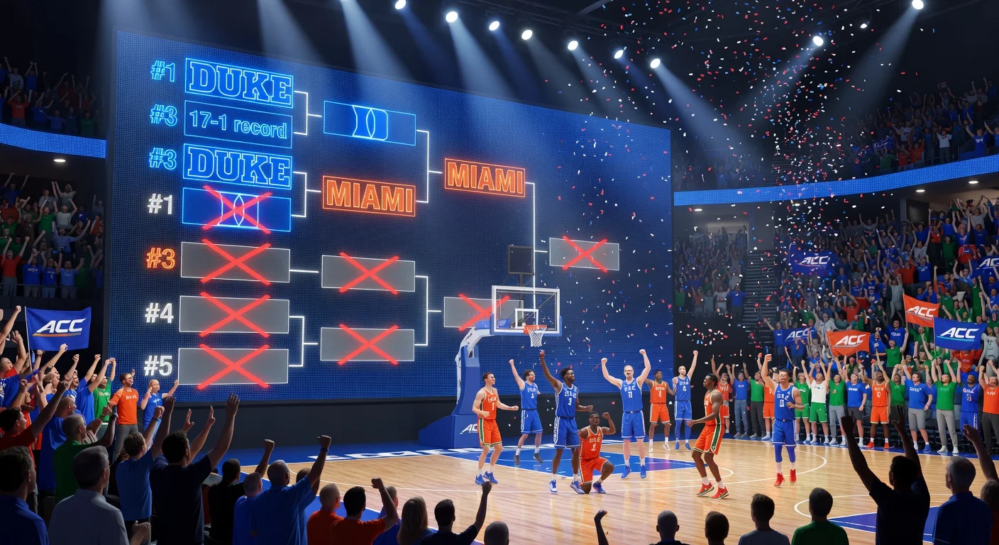 Illustration of the 2026 ACC men's basketball tournament bracket at Spectrum Center, featuring Duke as top seed and Miami as No. 3.