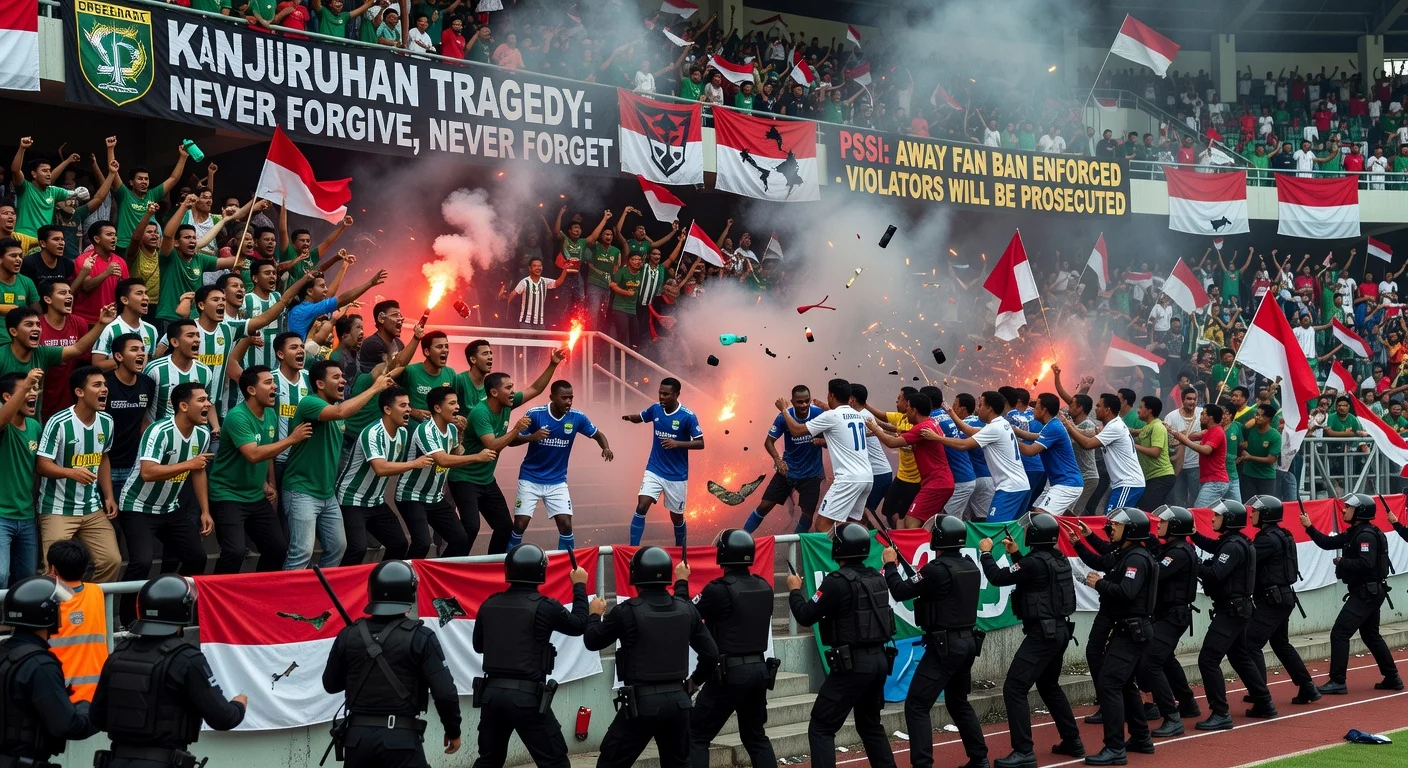 Chaotic Indonesian football stadium clash between Persebaya and Persib fans amid racist incidents and PSSI concerns.