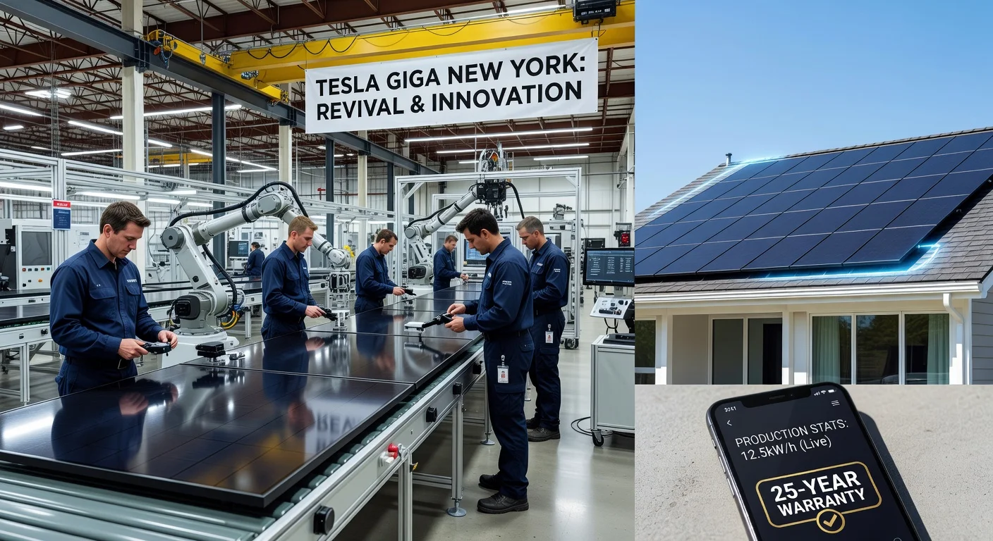Tesla workers producing redesigned solar panels at Gigafactory New York, installed on a modern home roof with app integration.